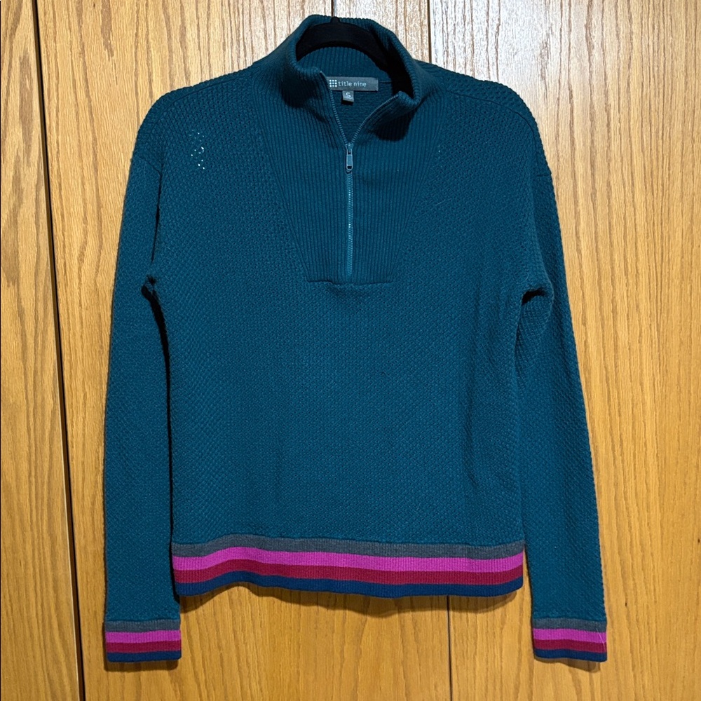 Title Nine women's S woolicious waffle 1/4 zip sweater stripe merino wool blend - Picture 2 of 6